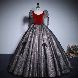 Elegant Burgundy Glitter Prom Dresses 2023 Ball Gown Square Neckline Short Sleeve Backless Bow Floor Length Long Prom Formal Dresses