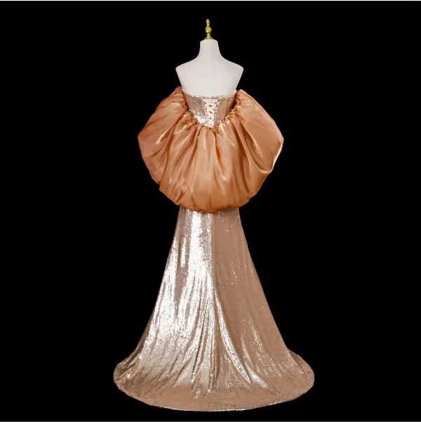 Scintillantes Sexy Doré Paillettes Robe De Soirée 2025 Trompette / Sirène Bustier Sans Manches Dos Nu Train De Balayage Soirée Robe De Ceremonie