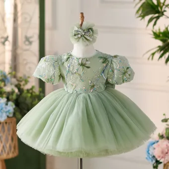 Chic Belle Vert Cendré En Dentelle Fleur Paillettes Noeud Anniversaire Courte Robe Ceremonie Fille 2024 Robe Boule Encolure Dégagée Gonflée Manches Courtes