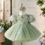Chic / Beautiful Sage Green Lace Flower Sequins Bow Birthday Short Flower Girl Dresses 2024 Ball Gown Scoop Neck Puffy Short Sleeve