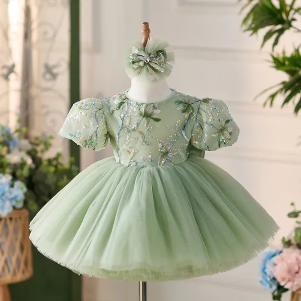 Chic / Beautiful Sage Green Lace Flower Sequins Bow Birthday Short ...