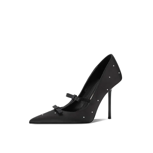 High-end Purple Rhinestone Bow Prom Pumps 2025 Leather 10 cm Stiletto Heels Pointed Toe Pumps High Heels