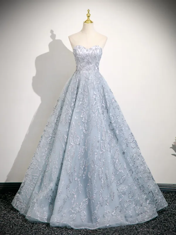 Charming Sky Blue Glitter Beading Prom Dresses 2025 Ball Gown Off-The-Shoulder Short Sleeve Backless Floor-Length / Long Formal Dresses