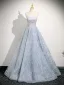 Charming Sky Blue Glitter Beading Prom Dresses 2025 Ball Gown Off-The-Shoulder Short Sleeve Backless Floor-Length / Long Formal Dresses