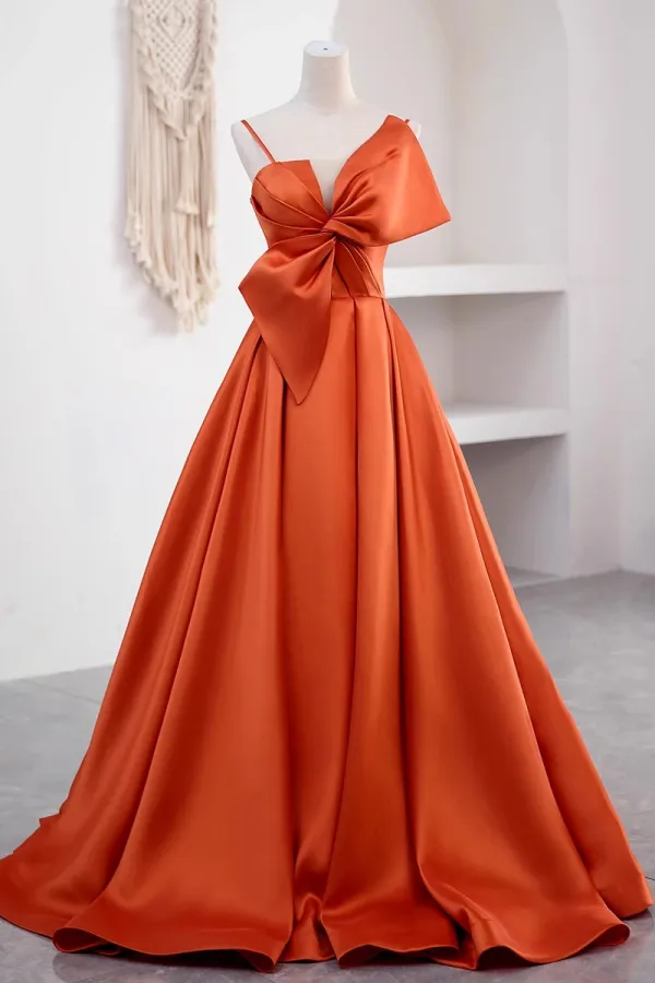 Mode Orange Satin Robe De Bal 2023 Princesse Bretelles Spaghetti Noeud Sans Manches Dos Nu Longue Promo Robe De Ceremonie