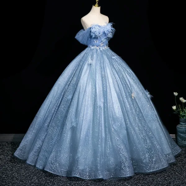 Charmant Bleu Ciel Glitter Paillettes Appliques Robe De Bal 2025 Princesse De l'épaule Manches Courtes Dos Nu Longue Robe De Ceremonie