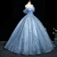 Charmant Bleu Ciel Glitter Paillettes Appliques Robe De Bal 2025 Princesse De l'épaule Manches Courtes Dos Nu Longue Robe De Ceremonie