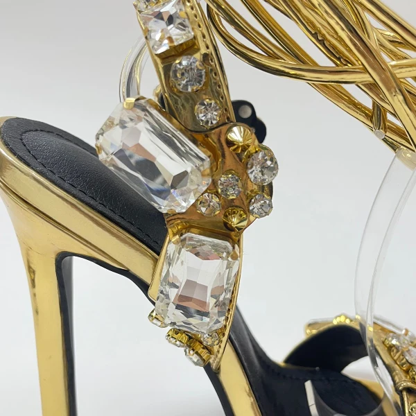 Sexy Gold Rhinestone Evening Party Womens Sandals 2022 Ankle Strap 11 cm Stiletto Heels Open / Peep Toe Sandals High Heels