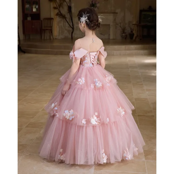 Lovely Blushing Pink Beading Pearl Sequins Appliques Birthday Flower Girl Dresses 2025 Ball Gown Scoop Neck Short Sleeve Backless Floor-Length / Long