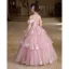 Lovely Blushing Pink Beading Pearl Sequins Appliques Birthday Flower Girl Dresses 2025 Ball Gown Scoop Neck Short Sleeve Backless Floor-Length / Long