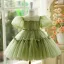 Modest / Simple Sage Green Birthday Bow Flower Girl Dresses 2024 Ball Gown Scoop Neck Puffy Short Sleeve Short