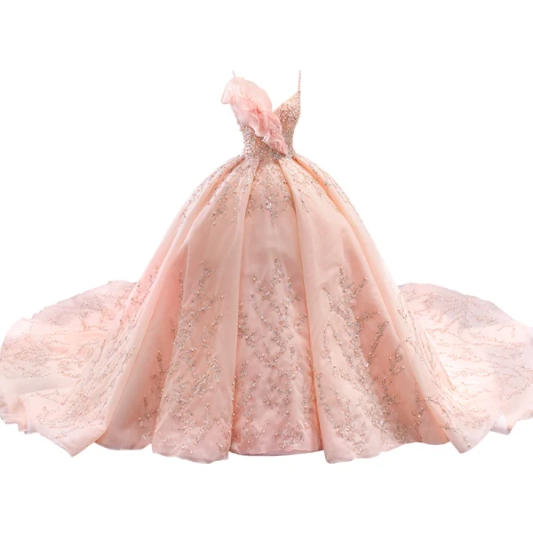 Luxury / Gorgeous Blushing Pink Beading Pearl Sequins Wedding Dresses 2023 Ball Gown Ruffle Spaghetti Straps Sleeveless Backless Royal Train Wedding