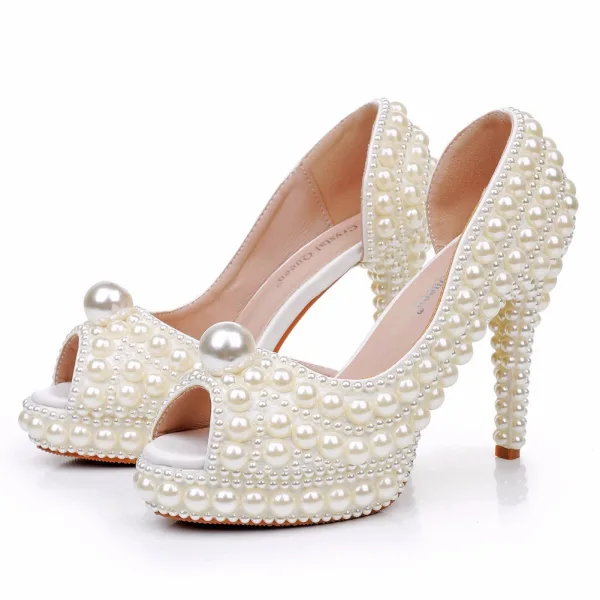 Elegante Beige Perle Brautschuhe 2024 11 cm Stilettos Peeptoes Hochzeit Sandaletten Hochhackige