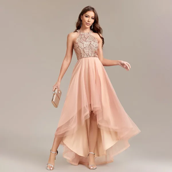 Bling Bling Gold Sequins Asymmetrical Prom Dresses 2024 A-Line / Princess Scoop Neck Sleeveless Prom Formal Dresses
