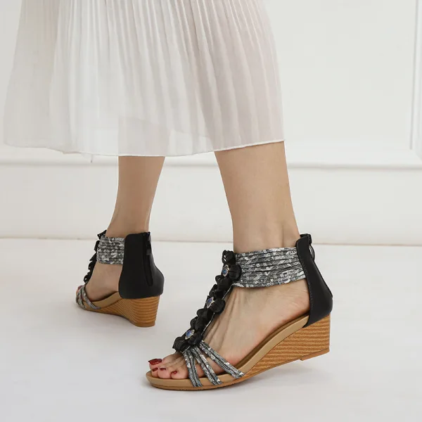 Roman Black Summer Street Wear Womens Sandals 2023 T-Strap Flower Rhinestone 5 cm Wedges Open / Peep Toe Sandals