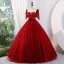 Elegant Burgundy Glitter Beading Sequins Prom Dresses 2023 Ball Gown V-Neck Short Sleeve Backless Bow Sash Prom Floor-Length / Long Formal Dresses
