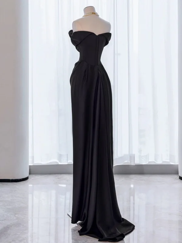 Modest / Simple Black Satin Evening Dresses 2024 Trumpet / Mermaid Strapless Sleeveless Backless Floor-Length / Long Evening Party Formal Dresses