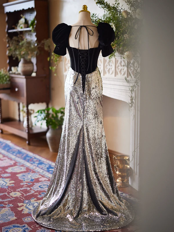 Charmant Noire Paillettes Robe De Soirée 2024 Trompette / Sirène Encolure Carrée Gonflée Manches Courtes Dos Nu Noeud Train De Balayage Soirée Robe De Ceremonie