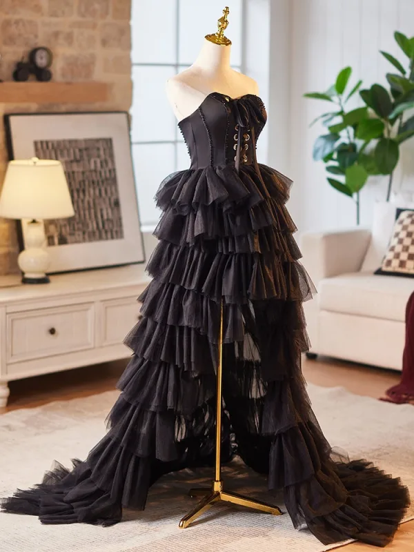 Charming Black Cascading Ruffles Asymmetrical Prom Dresses Cocktail Dresses 2024 A-Line / Princess Strapless Sleeveless Backless Cocktail Party