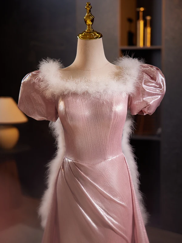 Élégant Rougissant Rose Robe De Bal 2024 Trompette / Sirène Encolure Carrée Gonflée Manches Courtes Dos Nu Train De Balayage Promo Robe De Ceremonie