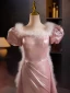Élégant Rougissant Rose Robe De Bal 2024 Trompette / Sirène Encolure Carrée Gonflée Manches Courtes Dos Nu Train De Balayage Promo Robe De Ceremonie