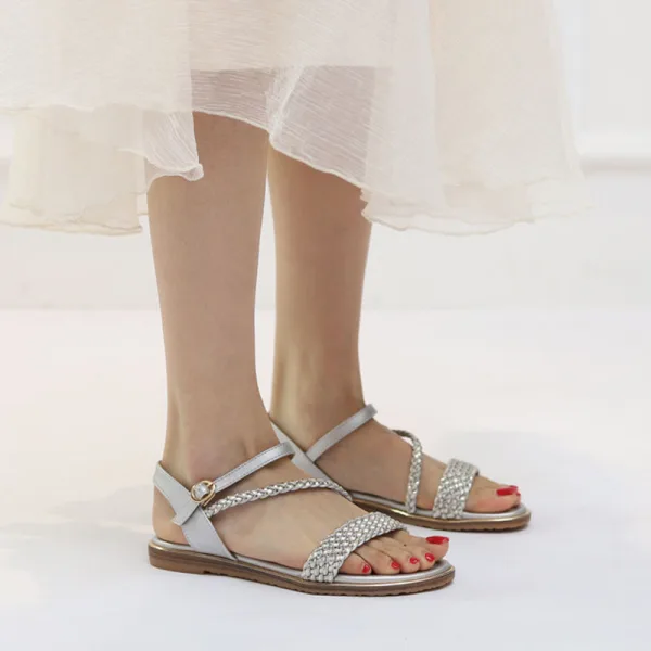 Bruin Comfortabel Strand Vlecht Platte Sandalen Dames 2022 Peep Toe Sandalen