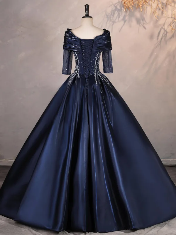 Vintage / Originale Bleu Marine Perlage Paillettes Robe De Bal 2025 Robe Boule De l'épaule 1/2 Manches Dos Nu Longue Robe De Ceremonie