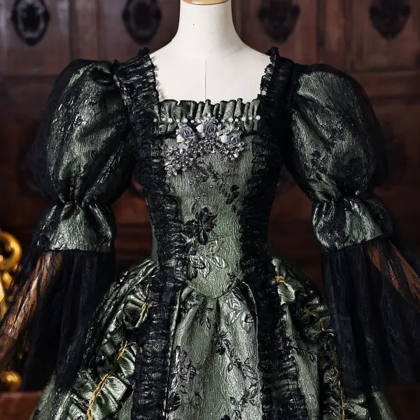 Medieval Vintage / Retro Dark Green Beading Appliques Printing Prom Dresses 2026 Ball Gown Square Neckline Bell sleeves Floor-Length / Long Formal Dresses