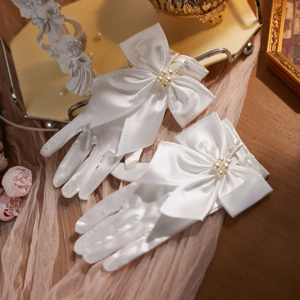 Vintage / Retro Ivory Pearl Satin Bow Bridal Gloves 2026 Wedding