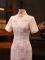 Bling Bling Blushing Pink Lace Sequins Evening Party Cheongsam 2024 Trumpet / Mermaid High Neck Short Sleeve Tea-length