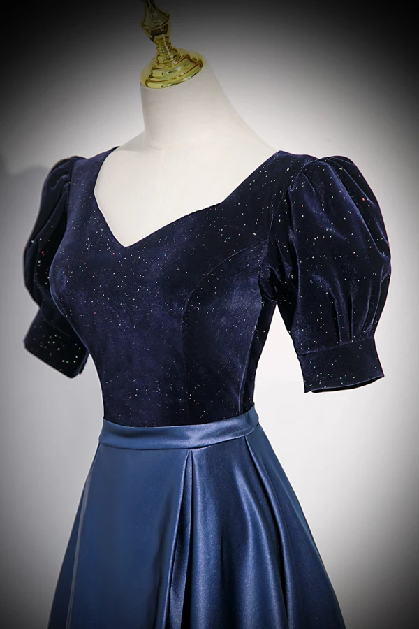 Vintage / Retro Navy Blue Sequins Satin Prom Dresses 2023 A-Line / Princess Square Neckline Short Sleeve Backless Floor-Length / Long Formal Dresses