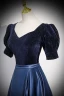 Vintage / Retro Navy Blue Sequins Satin Prom Dresses 2023 A-Line / Princess Square Neckline Short Sleeve Backless Floor-Length / Long Formal Dresses