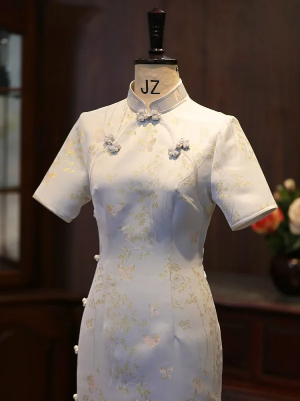 Vintage / Retro White Printing Tea-length Cheongsam 2026 Trumpet / Mermaid High Neck Short Sleeve