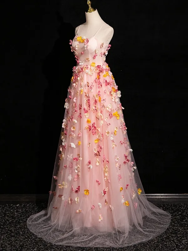 Flower Fairy Blushing Pink Appliques Prom Dresses 2024 A-Line / Princess Spaghetti Straps Sleeveless Backless Floor-Length / Long Prom Formal Dresses