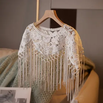 Vintage Retro White Lace Flower Tassel Shawl Casual 2025