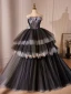 Fashion Black Cascading Ruffles Appliques Prom Dresses 2024 Ball Gown Strapless Sleeveless Backless Sweep Train Prom Formal Dresses