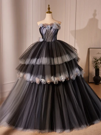 Fashion Black Cascading Ruffles Appliques Prom Dresses 2024 Ball Gown Strapless Sleeveless Backless Sweep Train Prom Formal Dresses