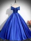 Vintage / Retro Royal Blue Beading Lace Flower Satin Prom Dresses 2024 Ball Gown Off-The-Shoulder Sleeveless Backless Floor-Length / Long Prom Formal Dresses