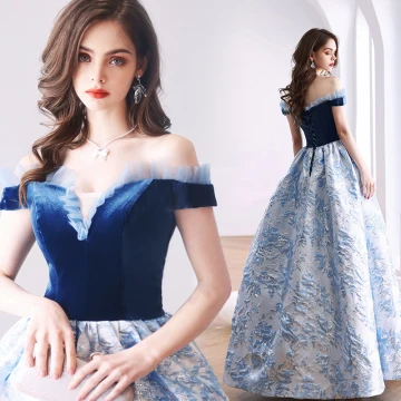 Elegant Ocean Blue Glitter Suede Prom Dresses 2022 Satin Ball Gown Off The Shoulder Short Sleeve Backless Floor Length Long Formal Dresses