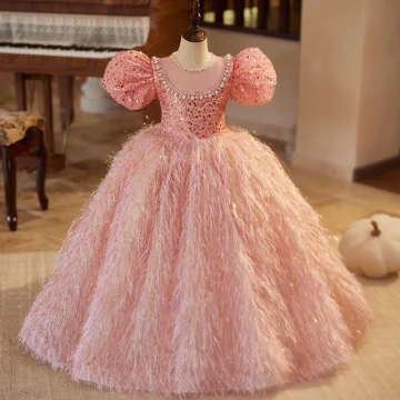 Lovely Blushing Pink Pearl Sequins Rhinestone Tassel Birthday Flower Girl Dresses 2024 Ball Gown Scoop Neck Puffy Short Sleeve Backless Floor Length Long