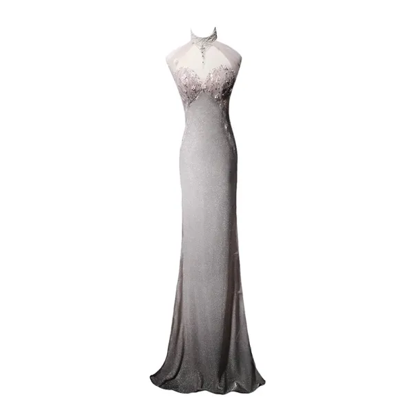 Haut de Gamme Rougissant Rose Perlage Faux Diamant Paillettes Robe De Soirée 2024 Trompette / Sirène Titulaire Sans Manches Dos Nu Train De Balayage Soirée Robe De Ceremonie