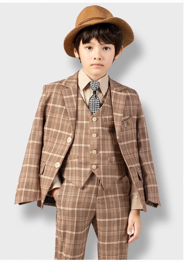Tan Plaid 5-piece Boys Wedding Suits 2022 Long Sleeve Coat Pants Shirt Tie Vest