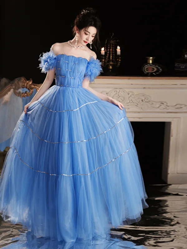 Glamorous Ocean Blue Prom Dresses 2025 Ball Gown Off-The-Shoulder Ruffle Short Sleeve Backless Floor-Length / Long Prom Formal Dresses