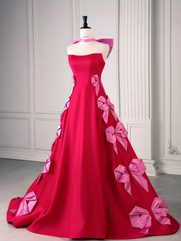 Charmant Fushia Noeud Satin Robe De Bal 2025 Robe Boule Bustier Sans Manches Dos Nu Train De Balayage Robe De Ceremonie