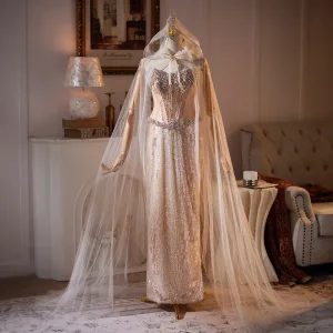 Luxe Champagne Paillettes Faux Diamant Corset Robe De Soirée 2026 Trompette Sirène Bustier Sans Manches Dos Nu Avec Cape Longue Soirée Robe De Ceremonie
