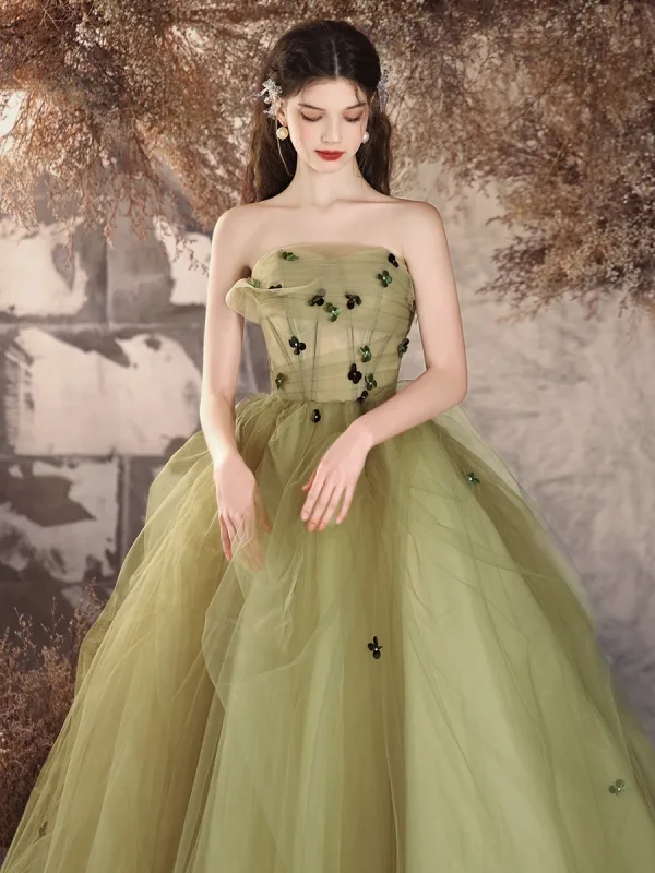 Élégant Vert Cendré Appliques Robe De Bal 2024 Robe Boule Bustier Sans Manches Dos Nu Longue Robe De Ceremonie