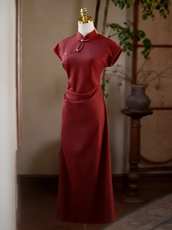 Vintage / Retro Burgundy Evening Party Cheongsam 2025 A-Line / Princess High Neck Short Sleeve Floor-Length / Long