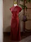 Vintage / Retro Burgundy Evening Party Cheongsam 2025 A-Line / Princess High Neck Short Sleeve Floor-Length / Long
