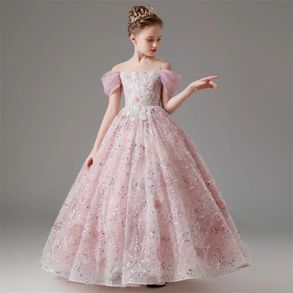 Chic / Beautiful Blushing Pink Beading Sequins Lace Flower Flower Girl Dresses 2024 Birthday Ball Gown Scoop Neck Short Sleeve Floor-Length / Long