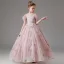 Chic / Beautiful Blushing Pink Beading Sequins Lace Flower Flower Girl Dresses 2024 Birthday Ball Gown Scoop Neck Short Sleeve Floor-Length / Long